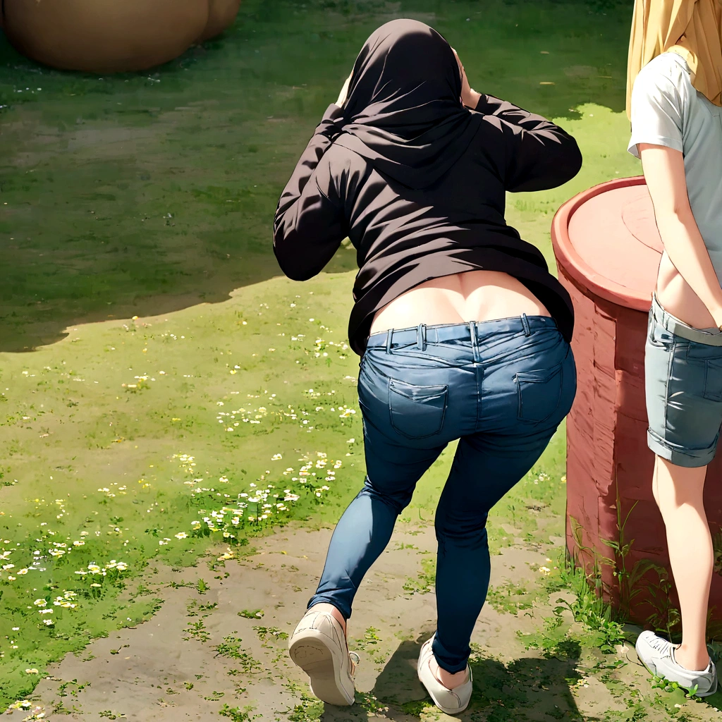 Girl wearing Hijab & shirt, her black low rise jeans slipping down, her hands on her head, accidentally showing buttcrack, close view, view from behind
