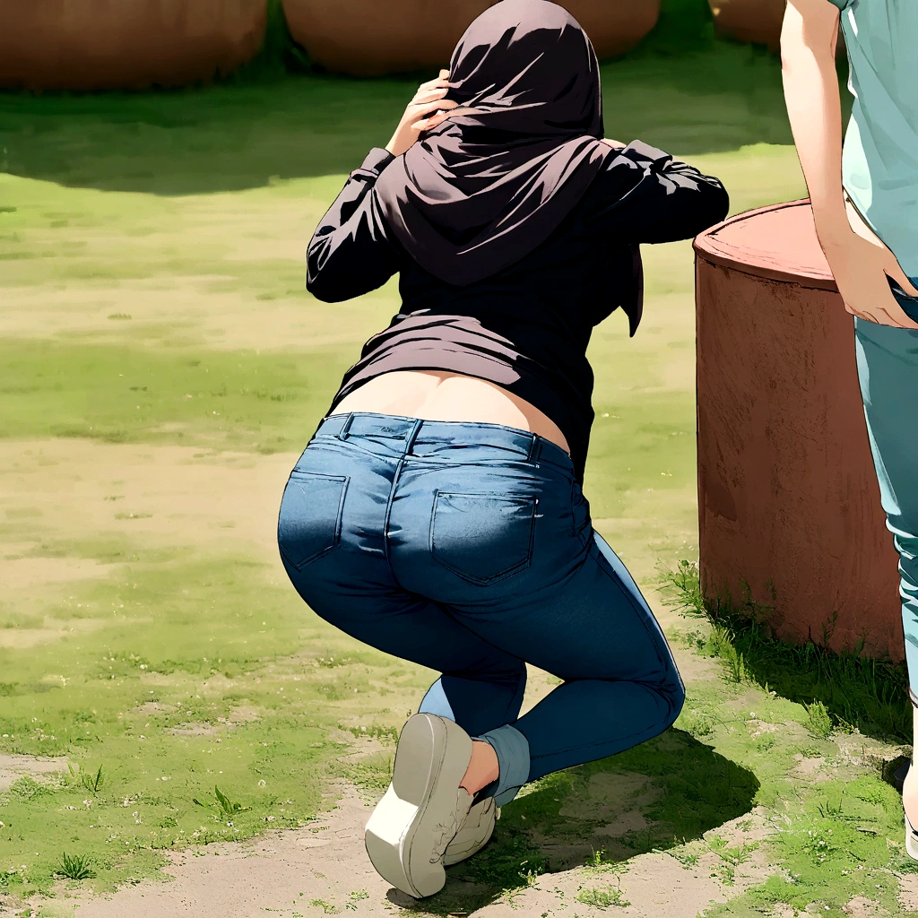 Girl wearing Hijab & shirt, her black low rise jeans slipping down, her hands on her head, accidentally showing buttcrack, close view, view from behind 