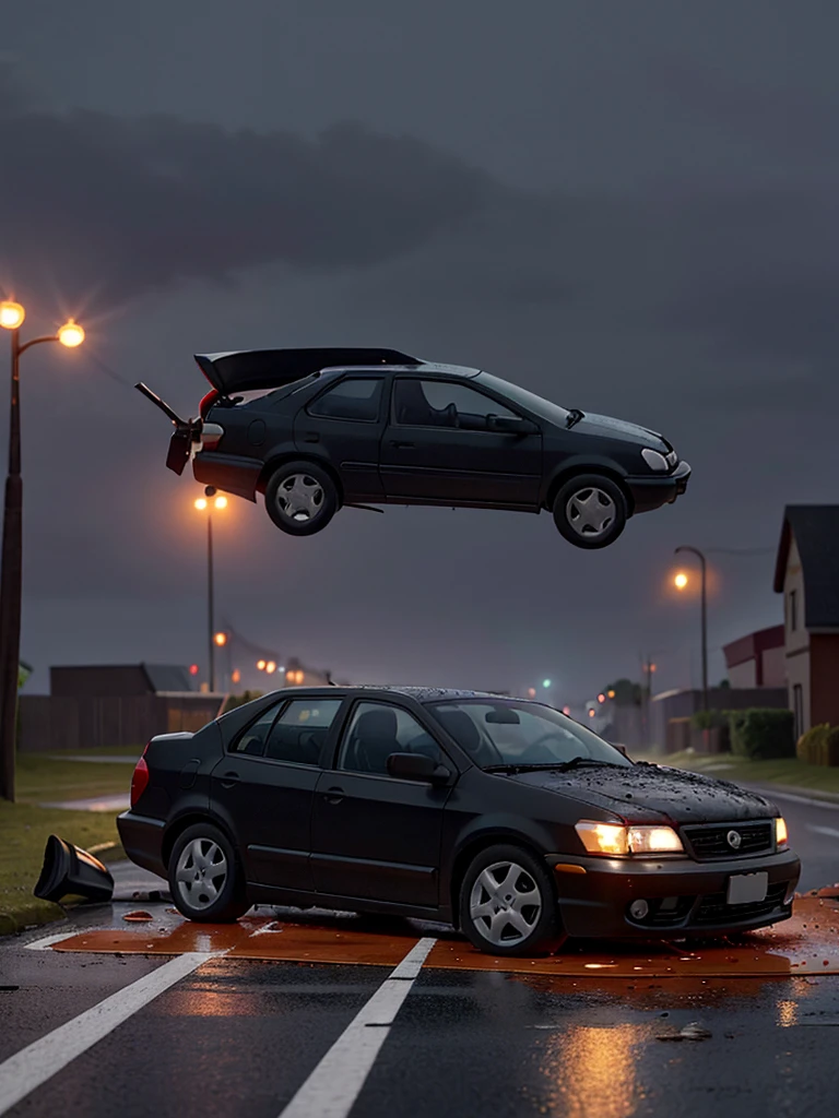 In cartoon create an image shows a dark and rainy road with a car destroyed after an accident. The scene highlights the fatal consequences of drinking and driving.
