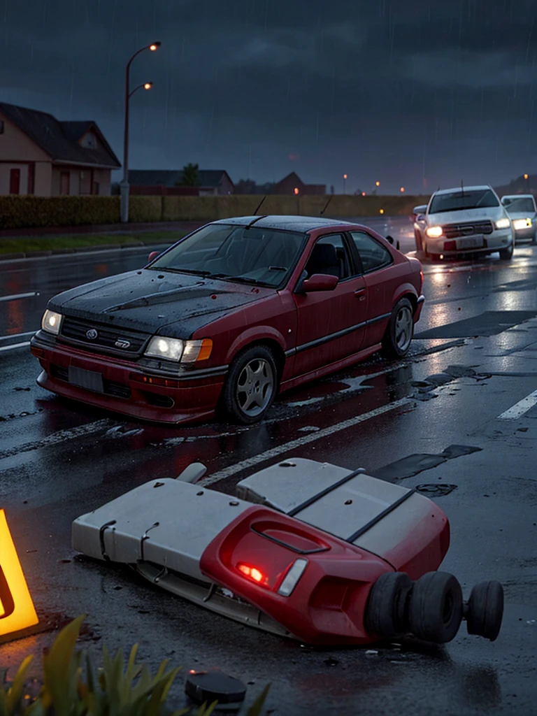 In cartoon create an image shows a dark and rainy road with a car destroyed after an accident. The scene highlights the fatal consequences of drinking and driving.