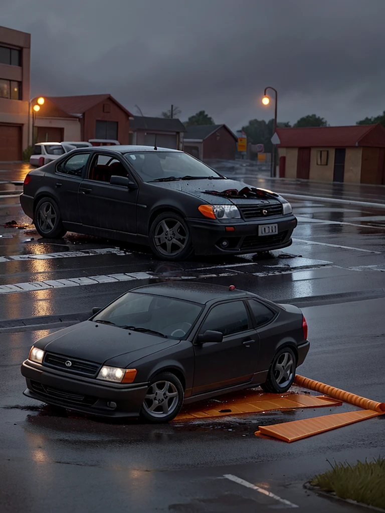 In cartoon create an image shows a dark and rainy road with a car destroyed after an accident. The scene highlights the fatal consequences of drinking and driving.
