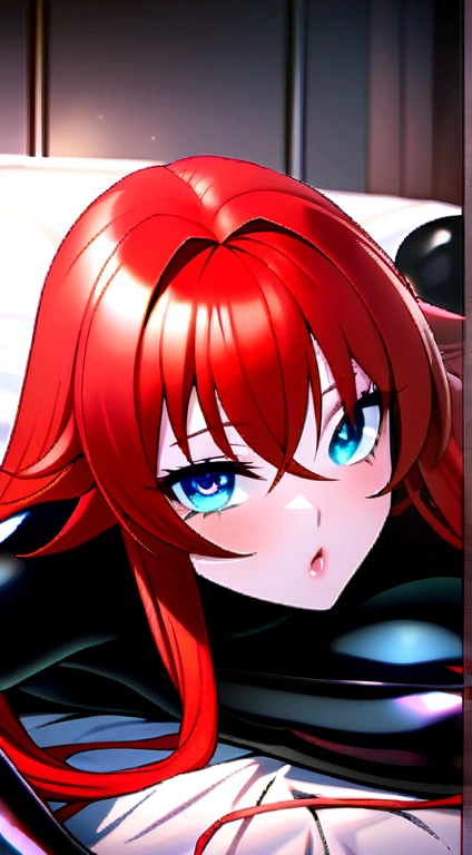 8k, Ultra Macro Photography, ((Rias Gremory)), huge breasts, latex outfit, shiny/glossy latex, erotic outfit, hyper holographic black latex, long hair, long bangs, defined thick thighs, NSFW, hentai, perfect makeup, (detailed eyes), light blue eyes, red hair, loose hairstyle, eyelashes, :o, bedroom, ((lying on bed)), top view, (eyes looking at viewer)