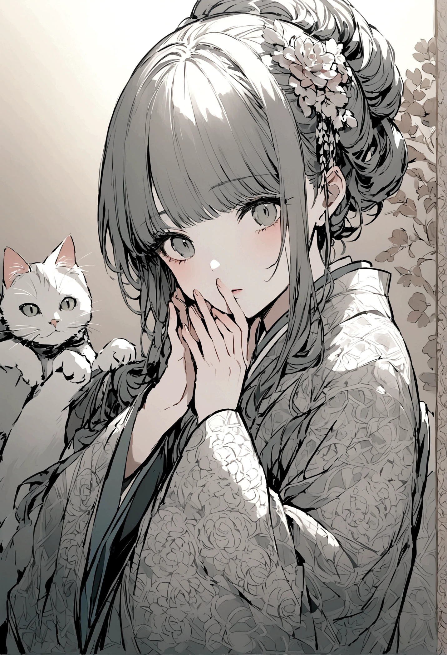and color、A kimono with a highly detailed pattern in muted colors、Annuita、Living with a cat、Put your hands on your face