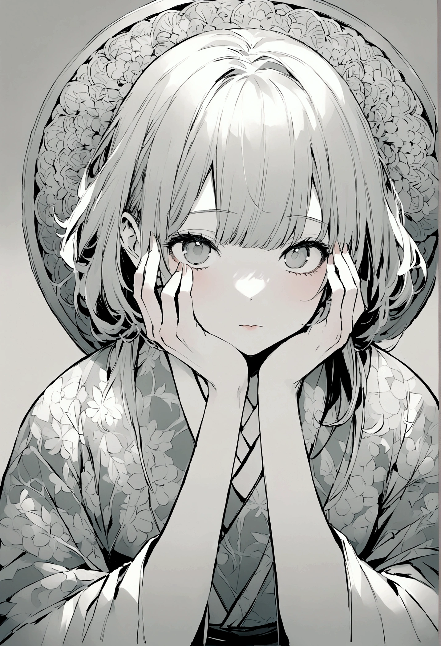 and color、A kimono with a highly detailed pattern in muted colors、Annuita、Living with a cat、Put your hands on your face