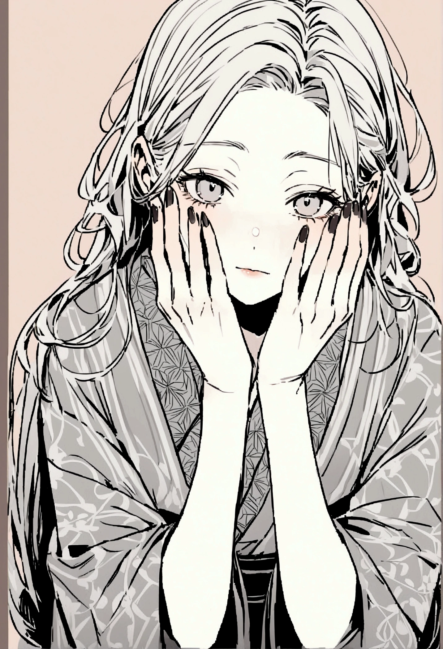 and color、A kimono with a highly detailed pattern in muted colors、Annuita、Living with a cat、Put your hands on your face