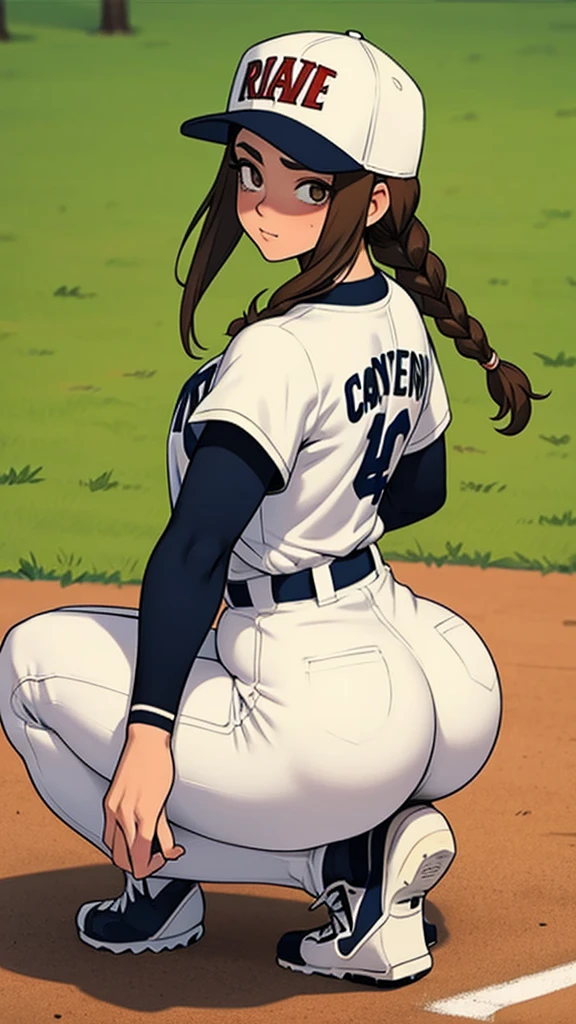 Baseball player, catchet, White uniform, baseball cap, brown braids hair, curvy, thin waist, squatting position 