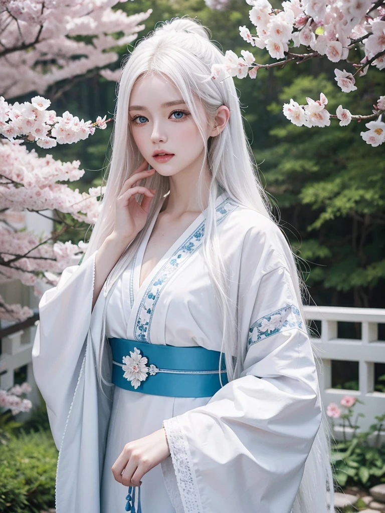 Long white hair, blue eyes, serious features, white skin, loose style, in a garden, with flowers , in the forest ,in the Sakura Korea ,Korean Palace