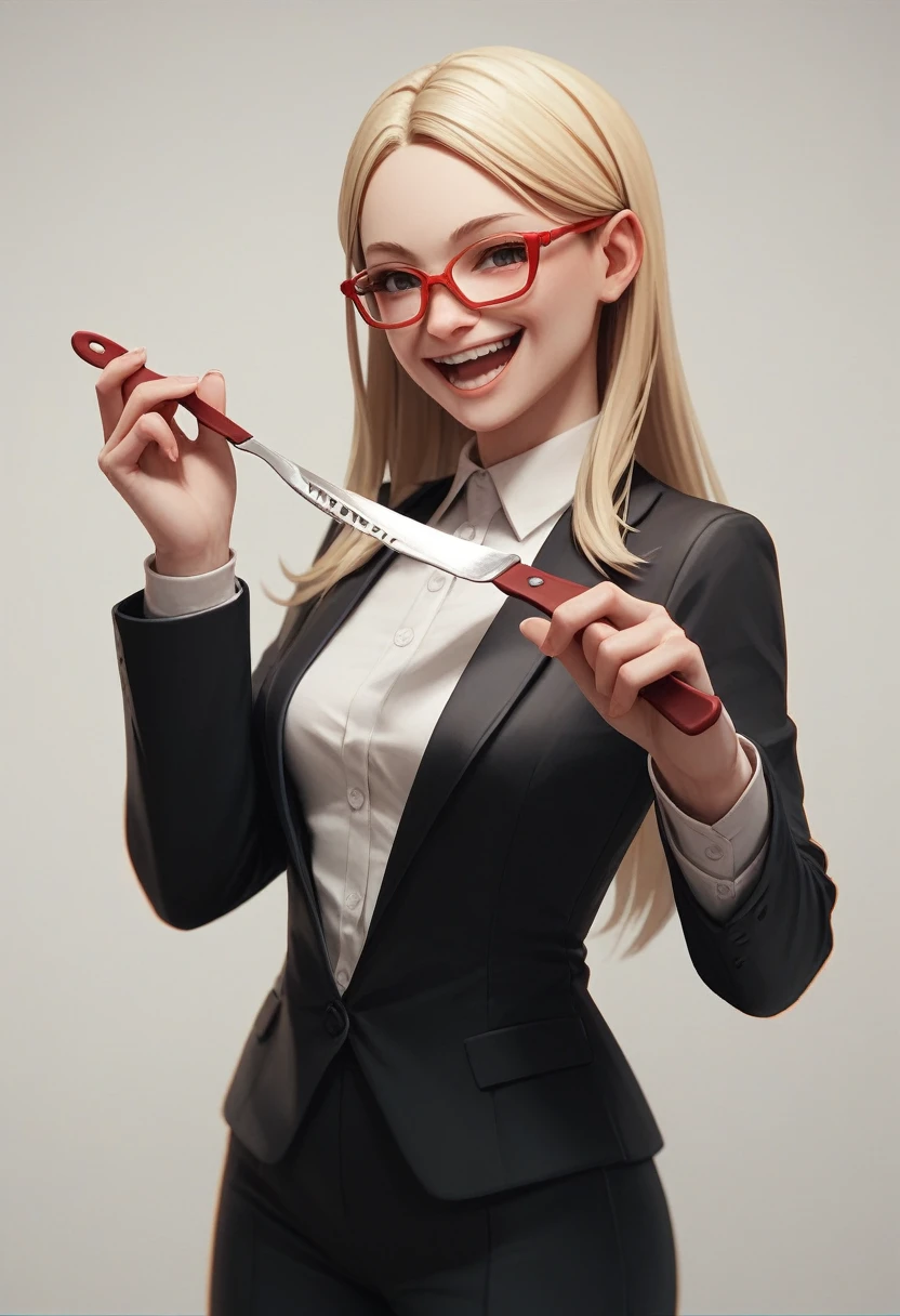 (a happy long hair blonde woman), (only the bust), (Black Suit), (Red glasses), (open fathom holding fork), (holding a knife), (3d style image).