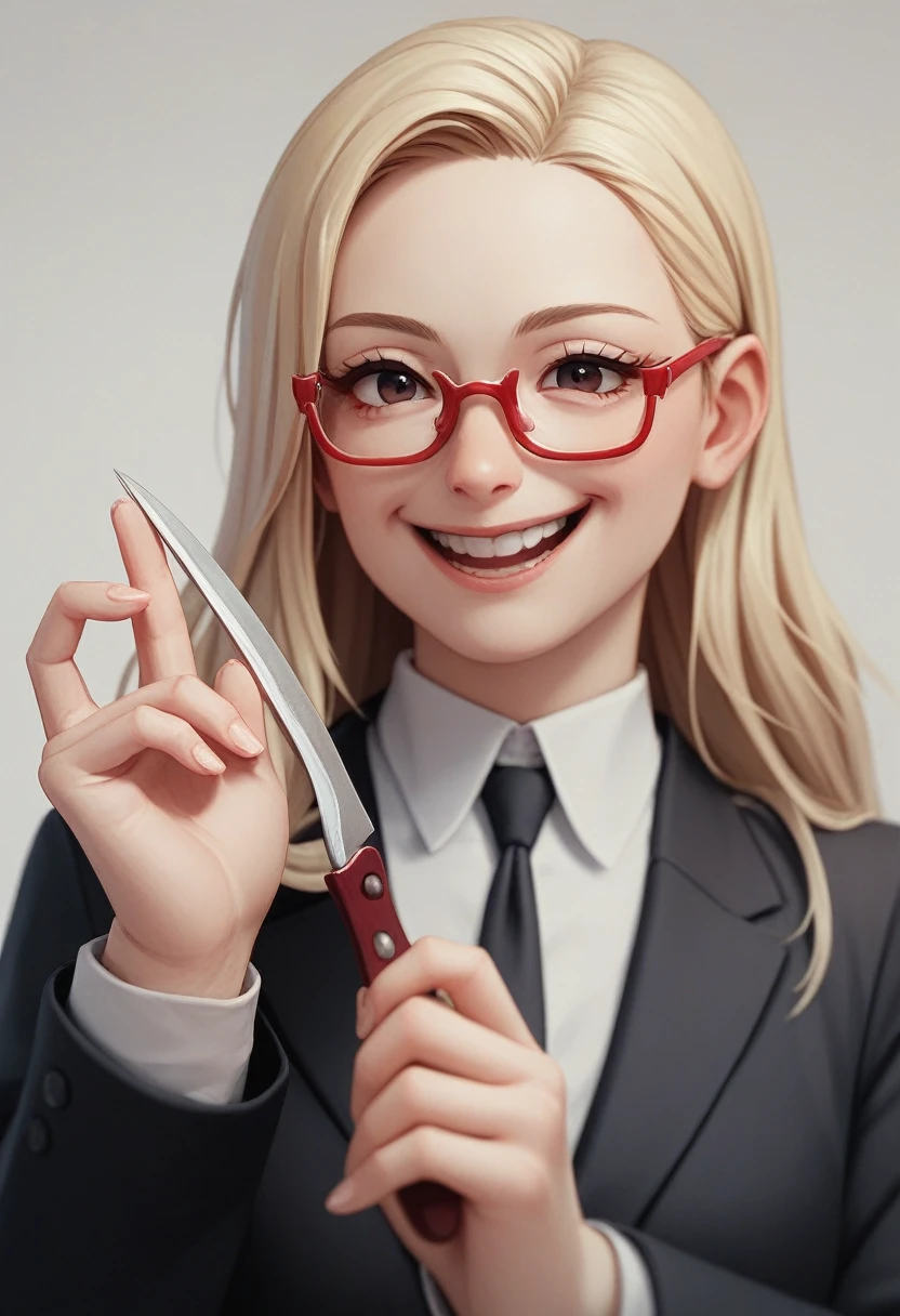 (a happy long hair blonde woman), (only the bust), (Black Suit), (Red glasses), (open fathom holding fork), (holding a knife), (3d style image).