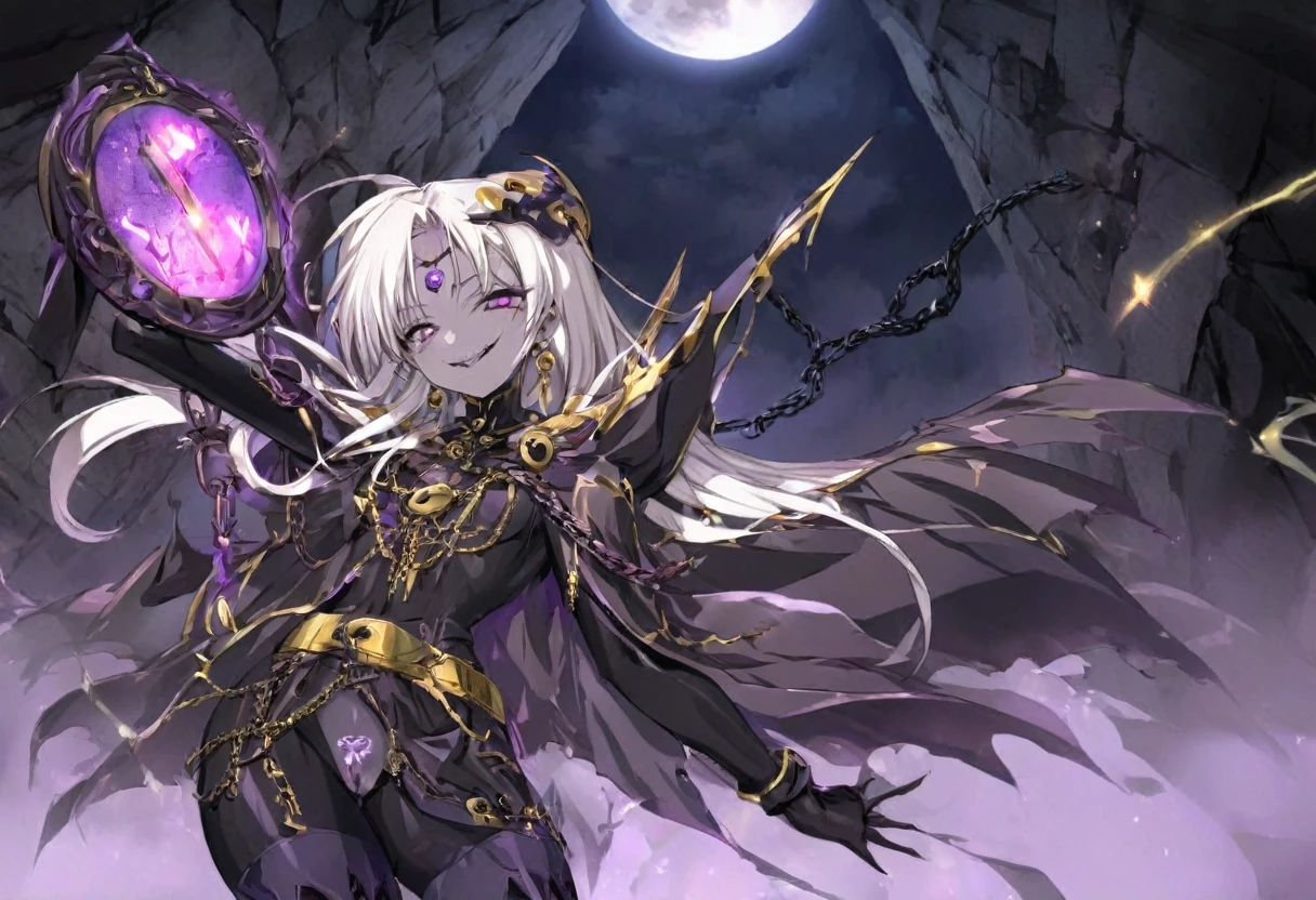 dark persona, nsfw, penis, cum futanari, masturbation,, satou kuuki, Embracing dark aura, pubic tattoo, glowing tattoo, 1girl, solo,, thigh high boots, long hair, Feeling magical energy, hand on own hip, octagonal yin yang mirror, cape, forehead accessory, runes, evil smile, stand-up collar, black body suit, at midnight, Holding a symbol of faith, purple eye, white hair, gold decoration, evil eye decoration, moon, earring, chains, belt, yin yang, skirt, beautiful art, high res, perfect face, detailed outfit