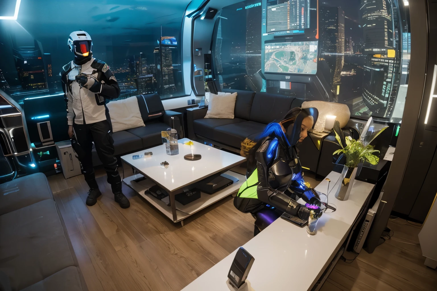 (Best quality, 8k, 32k, Masterpiece, UHD:1.2), "Transform the scene into the high-tech, futuristic world inspired by Valorant. Imagine a sprawling metropolis where advanced technology and sleek architecture dominate the landscape. Skyscrapers with holographic displays and neon lights pierce the sky, their surfaces reflecting a myriad of vibrant colors.
The streets are bustling with autonomous vehicles and drones, zipping through the air with precision. Digital billboards and advertisements light up the night, casting a glow on the bustling sidewalks below. The city is a blend of ultra-modern design and gritty urban elements, creating a unique and immersive atmosphere.
High-tech gadgets and interfaces are integrated seamlessly into daily life. Public spaces are adorned with interactive displays, and augmented reality elements enhance the environment. Capture the essence of this world by highlighting its advanced technology, from cybernetic enhancements and robotic companions to energy shields and teleportation devices.
Amidst the urban sprawl, strategic points of interest like cutting-edge research labs, sleek control centers, and fortified safehouses reflect the tactical and competitive nature of Valorant. The scene should evoke a sense of awe and excitement, showcasing the seamless integration of technology into every aspect of life in this futuristic world."