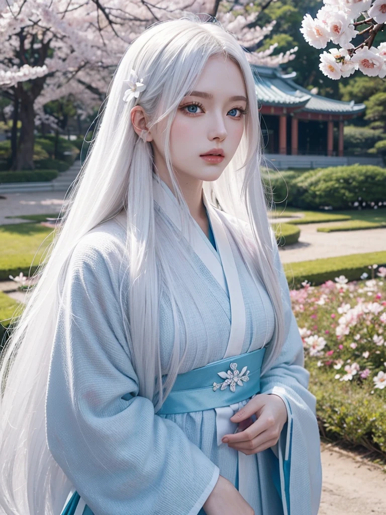 Long white hair, blue eyes, serious features, white skin, loose style, in a garden, with flowers , in the forest ,in the Sakura Korea ,Korean Palace
