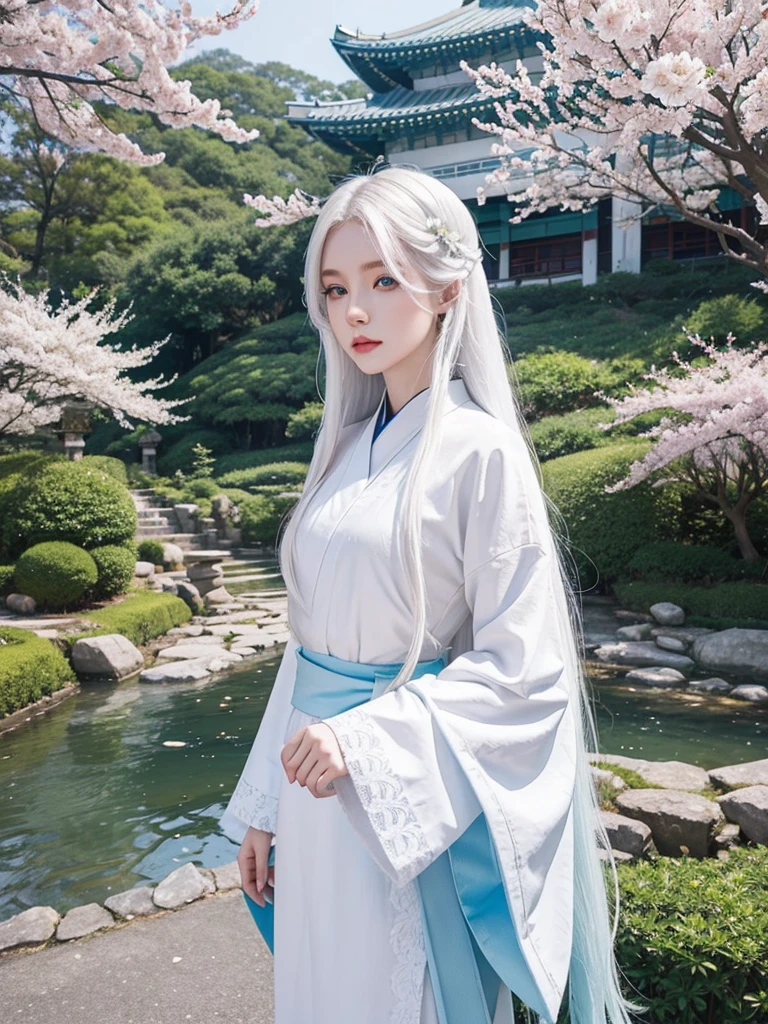 Long white hair, blue eyes, serious features, white skin, loose style, in a garden, with flowers , in the forest ,in the Sakura Korea ,Korean Palace