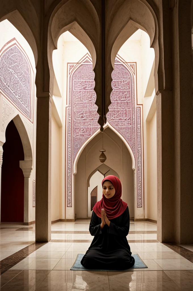 Create realistic 20 year old muslim girl sitting on prayer place of mosque raise both hands and pray to God, The girl is wearing hijab and girl face is a front side, A plate full of fruits, A plate full of Dates, sweets is placed and a glasses of juice in front of them, the background features, mosque and "NAFISA" written in Red neon font on white wall.