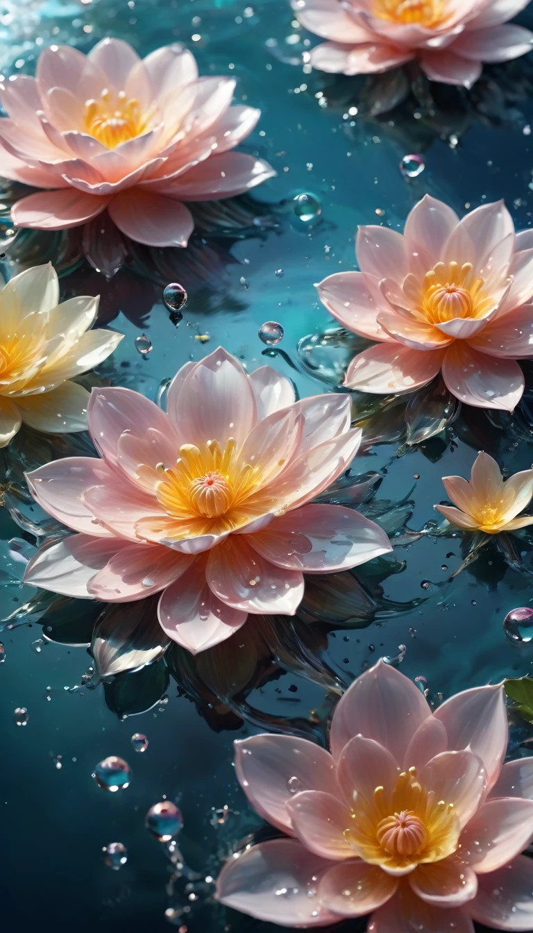 (((Exquisite detail:1.4))), (((Very crazy details:1.4))),(((Highest quality:1.3))), (((Soft-colored 4K high-definition digital art:1.3))). | Close-up of delicate water splashes forming a magical flower, Water splashes reflect light, Each splash is meticulously drawn、It is expressed by a magnificent gouache technique.,I was enveloped in a mysterious atmosphere of light and shadow art., Water splashes everywhere, Great environment, Subtle illumination,Fantasy Art Behance,Surreal, Capturing its beauty and strength,Creates a solemn atmosphere.