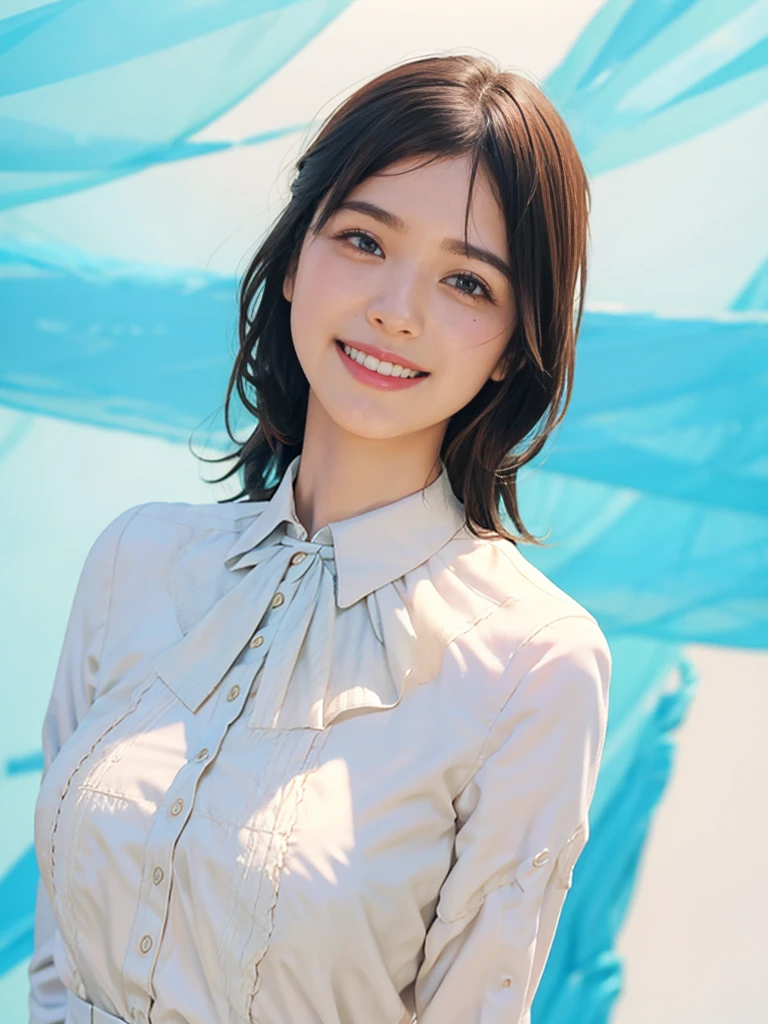 masterpiece, best quality, photorealistic, raw photo, 1girl, medium breast, collared blouse, light smile, detailed skin, pore, simple background