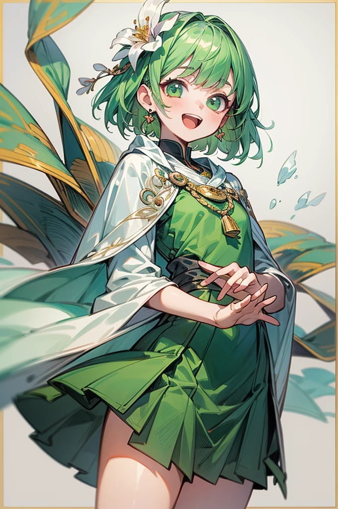 1girl, solo, looking at viewer, cowboy shot, standing, loli, smile, short hair, open mouth, bangs, hair ornament, (white background), jewelry, green eyes, flat chest, flower, earrings, (lime green hair), particles, sideburns, hair flower, druid, knee length skirt, (Kurta), white cape, Cornus florida, (masterpiece), (best quality), (ultra-detailed), (illustration:1.2), (watercolor_painting:1.0), (highly detailed background:1.2), (thick outline), (perfect hands:1.4, two legs), composite lighting, professional shading, high quality textures, perfectly structured, natural proportions, extremely detailed beautiful anime face,