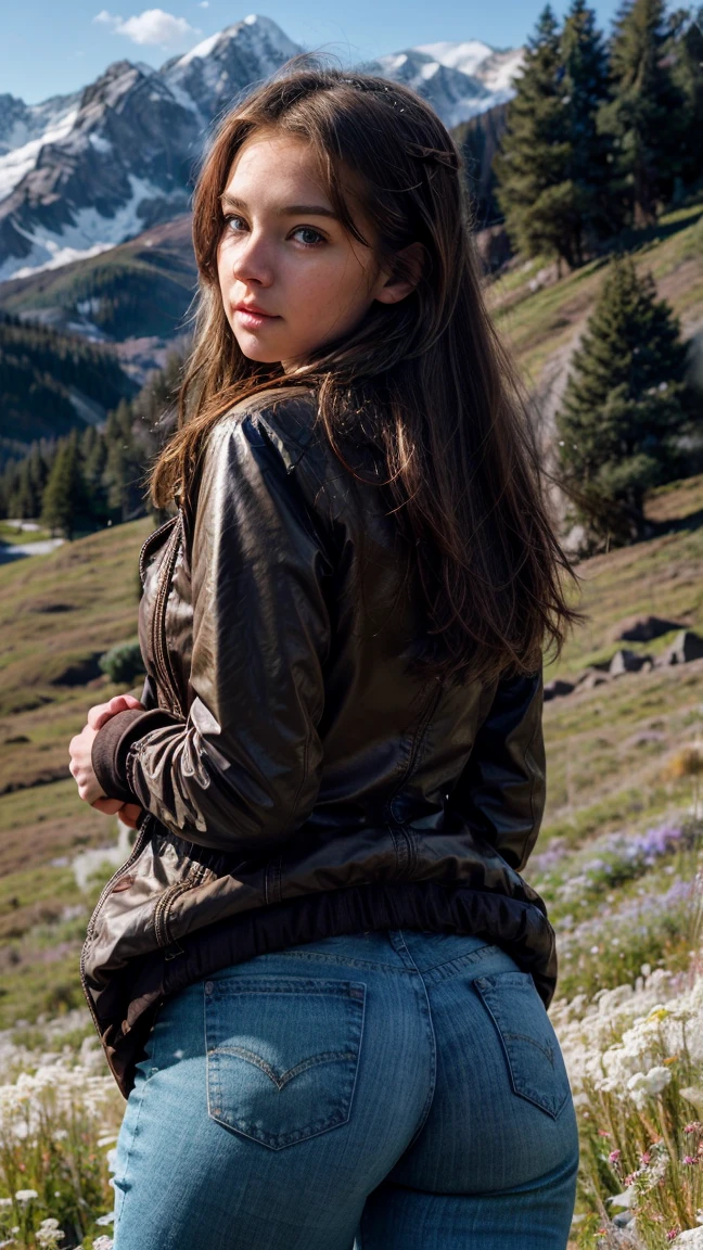 European girl with brown hair, Blue eyes, wide, beautiful face, pale face,  beautifully styled hair, thin lips, rosy cheeks, standing at full height against the backdrop of beautiful green alpine meadows, snow-capped mountains in the distance, a girl in a light sports jacket unbuttoned on the chest, an unzipped zipper at the neckline, Arms at the sides, enjoying the air, enjoying the face  , hair blowing in the wind, Mountain landscape, alpine meadows, Turn your back to the camera, arched back, beautiful butt in tight jeans, bright sunlight, sun glare, 120mm camera