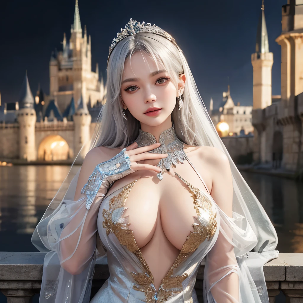 Girl, transparent, see through, silver and gold dress, topless, silver hair, tiara, glove, chokes, silver long sleeves, silver veils, ear wear, detailed hand, oval face, smile, picture form top to knee, sexy pose, extra large breasts, look at camera, camera from top, detailed, night, castle background, photorealistic, best quality