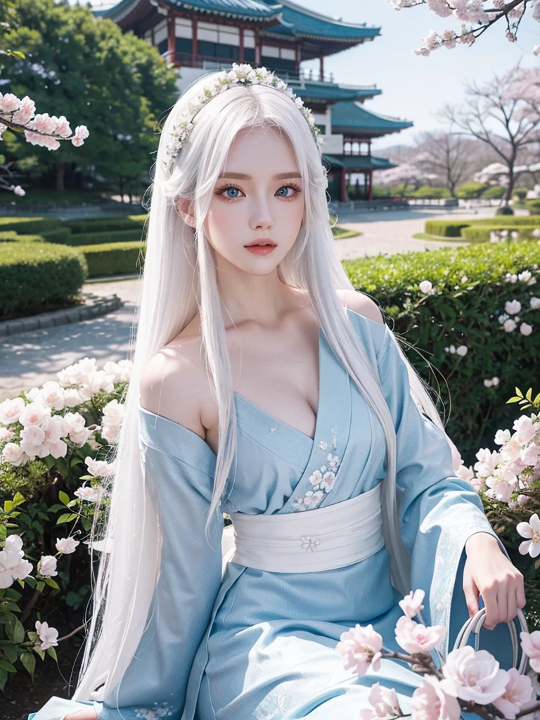 Long white hair, blue eyes, serious features, white skin, loose style, in a garden, with flowers , in the forest ,in the Sakura Korea ,Korean Palace 