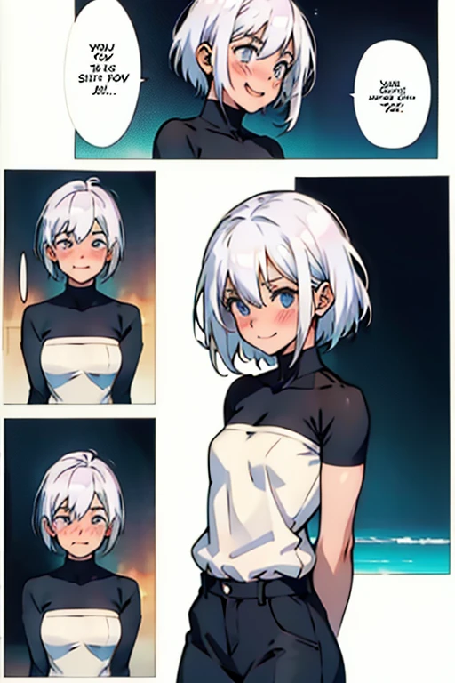 Girl with short white hair small and really skinny, smiling weakling and blushing, manga page with panels and dialogue