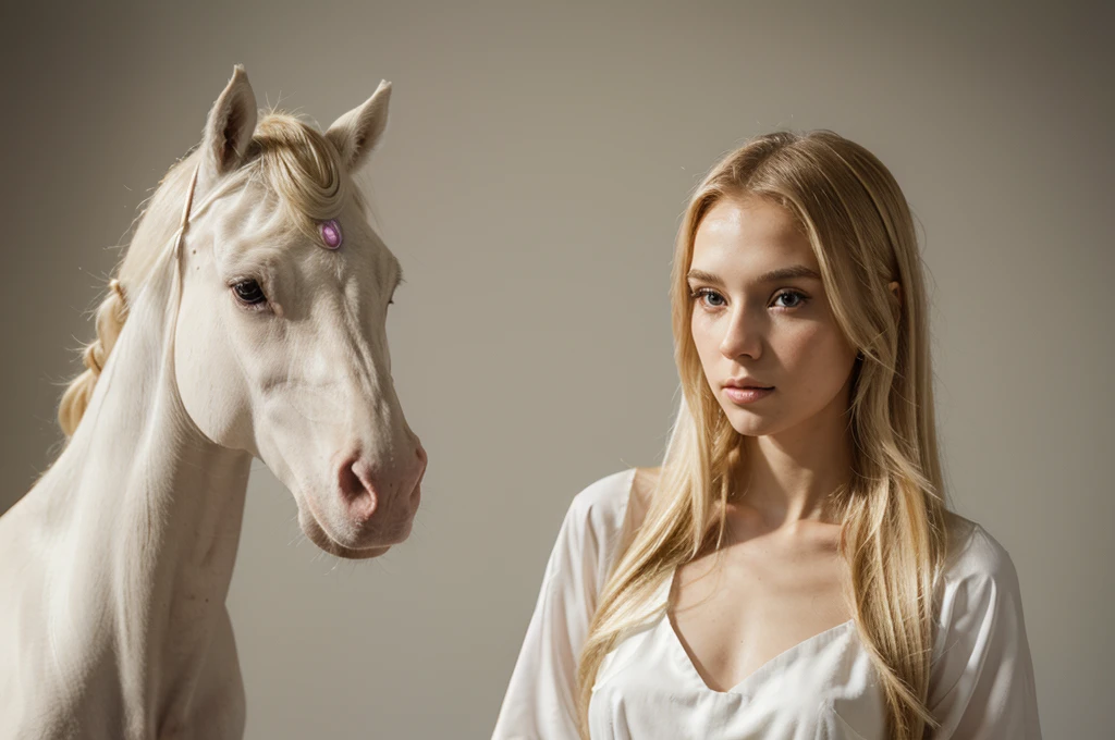 beautiful slender girl stands next to a unicorn, Beautiful gentle face, blonde hair, White dress, high quality, Professional photography