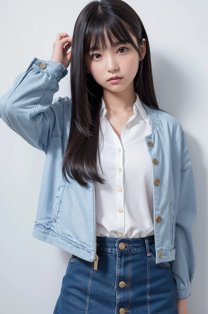 Young woman posing in front of an indoor wall。She is wearing a light white jacket、Under the jacket she is wearing a green and white checked blouse.。The blouse has a ribbon tied around the neck.、It creates a casual atmosphere。Her hair is black、With long straight hair、I have bangs。The hair hangs naturally around the shoulders.。She is wearing a denim skirt、The skirt has several large buttons on the front.。Provocative gaze and expression、(Makes your face smaller:1.4)、Small head、Clear skin、((Best image quality))、 ((High resolution))、Portrait of a cute 14-year-old Japanese girl