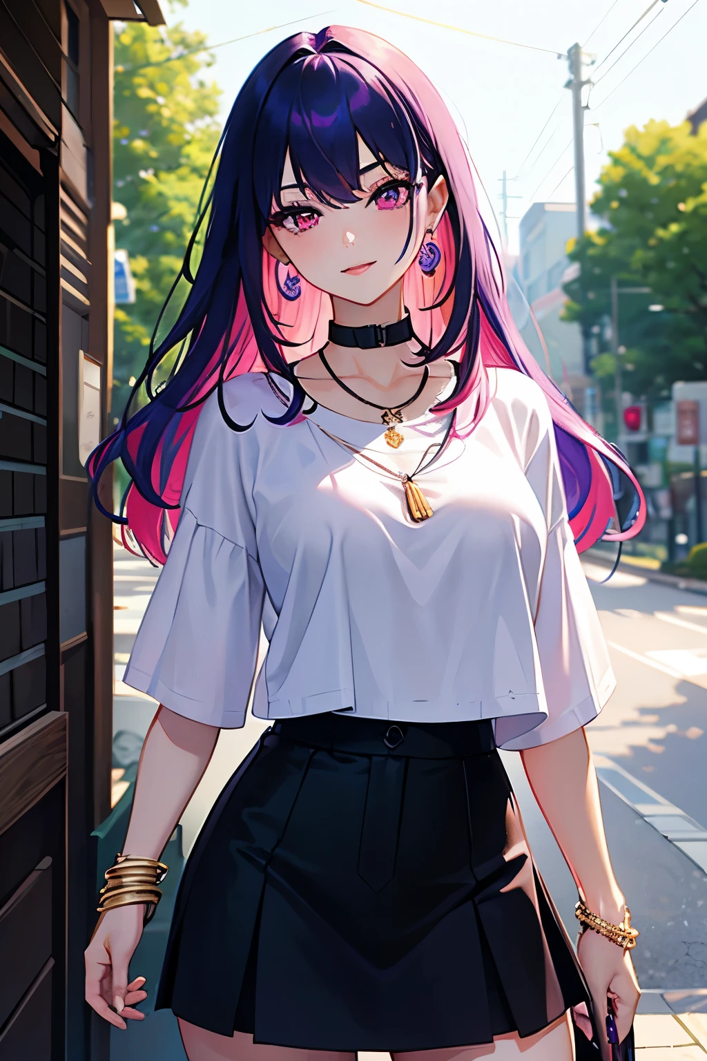 masterpiece, best quality, highly detailed, 1girl, solo, perfect anatomy, slim, red eyes, blue hair, bangs, purple hair, hair between eyes, multicolored hair, gradient hair, pink lips, thick thighs , edgCT, blouse, wearing edgCT, chic top, light smile, detailed background, outdoor, standing, sexy, sunglasses, skirt, earrings, necklace, bracelet