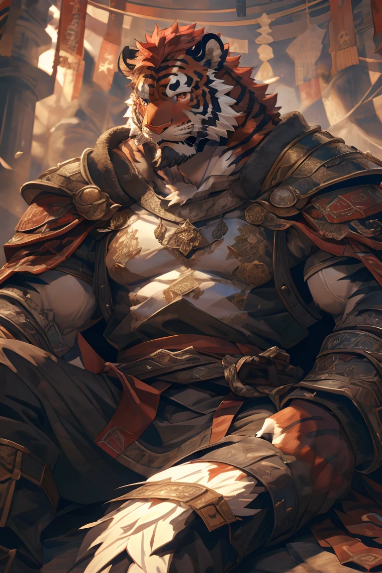 (赤红色tiger),(赤红流火Military commander盔甲),Holding a long sword,Awesome posture,Sitting quietly on the edge of the cliff,(The background is a city with bright lights.:1.2),Abdominal muscles,Heroic飒爽,完美的masterpiece,Various facial details,Close-up view,specific description,masterpiece,cg,(Red eyes),Crimson pattern,Crimson tail,Military commander,Heroic,tiger,Crimson fur,Detailed facial details,Half Body,(赤红Military commander战履),(Long feather),((middle aged)),(Face Focus:1.3),(16K),HD,Red and white abdomen,temple,beard,(Face lines),Heterochromia,(Red battle robe),(Crimson hair),Strong,muscle,(high resolution:1.3),(Sitting on the cliff and looking at the lights of thousands of houses)