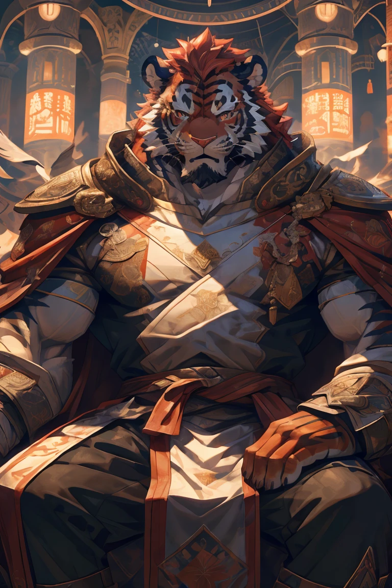 (赤红色tiger),(赤红流火Military commander盔甲),Holding a long sword,Awesome posture,Sitting quietly on the edge of the cliff,(The background is a city with bright lights.:1.2),Abdominal muscles,Heroic飒爽,完美的masterpiece,Various facial details,Close-up view,specific description,masterpiece,cg,(Red eyes),Crimson pattern,Crimson tail,Military commander,Heroic,tiger,Crimson fur,Detailed facial details,Half Body,(赤红Military commander战履),(Long feather),((middle aged)),(Face Focus:1.3),(16K),HD,Red and white abdomen,temple,beard,(Face lines),Heterochromia,(Red battle robe),(Crimson hair),Strong,muscle,(high resolution:1.3),(Sitting on the cliff and looking at the lights of thousands of houses)