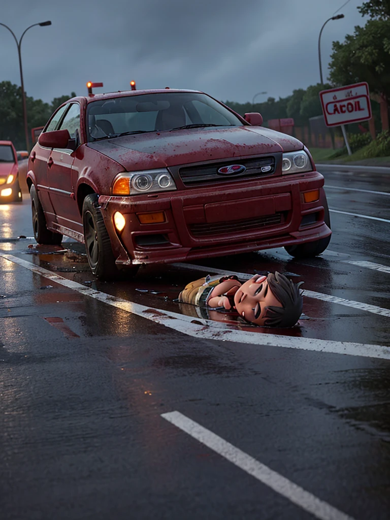 Disney pixar scene create an image shows a dark and rainy road with a car destroyed after an accident. The scene highlights the fatal consequences of drinking and driving.