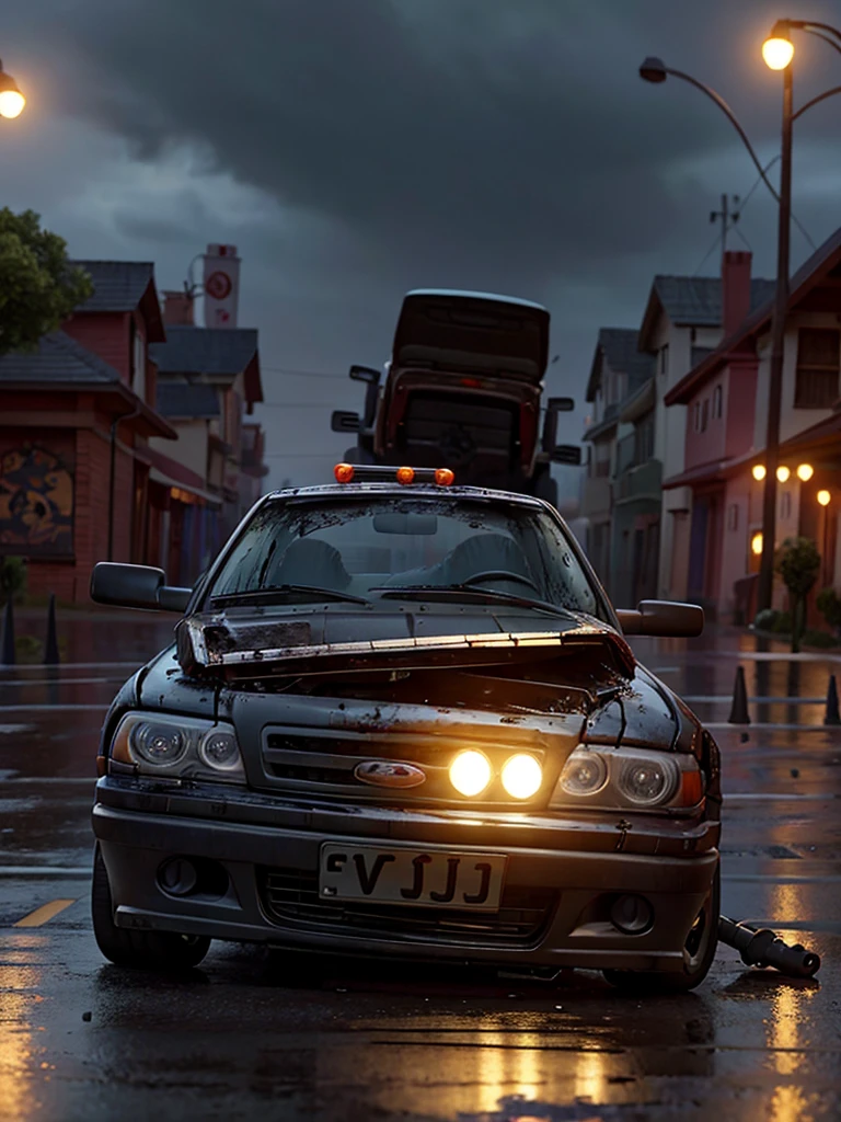 Disney pixar scene create an image shows a dark and rainy road with a car destroyed after an accident. The scene highlights the fatal consequences of drinking and driving.
