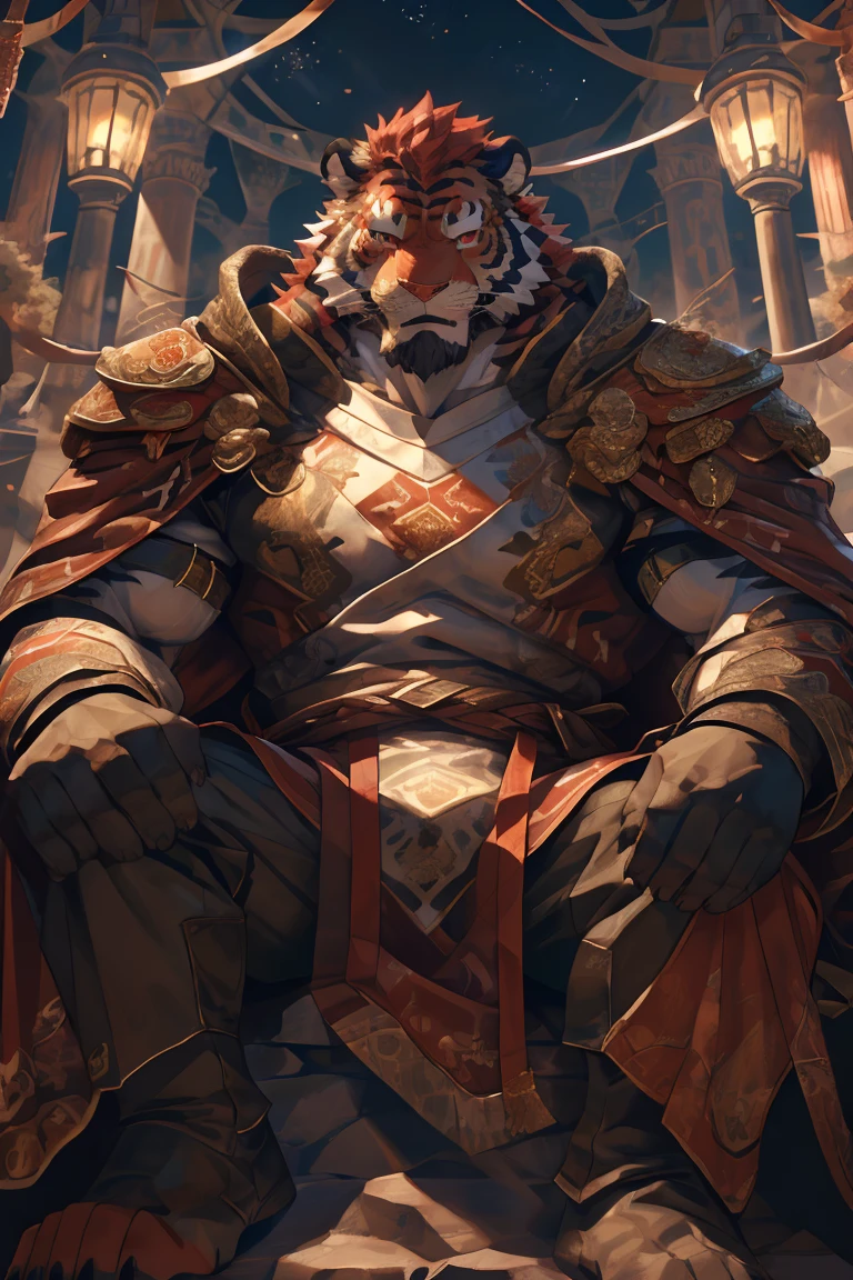 (赤红色tiger),(赤红流火Military commander盔甲),Holding a long sword,Awesome posture,Sitting quietly on the edge of the cliff,(The background is a city with bright lights.:1.2),Abdominal muscles,Heroic飒爽,完美的masterpiece,Various facial details,Close-up view,specific description,masterpiece,cg,(Red eyes),Crimson pattern,Crimson tail,Military commander,Heroic,tiger,Crimson fur,Detailed facial details,Half Body,(赤红Military commander战履),(Long feather),((middle aged)),(Face Focus:1.3),(16K),HD,Red and white abdomen,temple,beard,(Face lines),Heterochromia,(Red battle robe),(Crimson hair),Strong,muscle,(high resolution:1.3),(Sitting on the cliff and looking at the lights of thousands of houses)