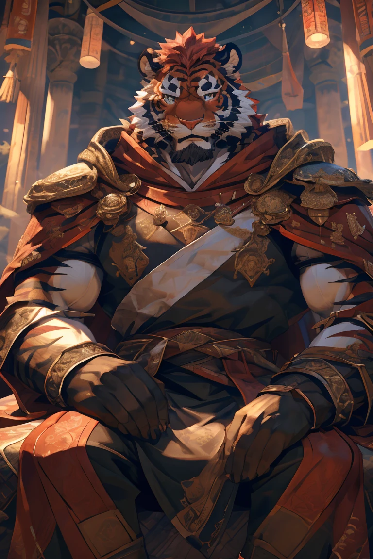 (赤红色tiger),(赤红流火Military commander盔甲),Holding a long sword,Awesome posture,Sitting quietly on the edge of the cliff,(The background is a city with bright lights.:1.2),Abdominal muscles,Heroic飒爽,完美的masterpiece,Various facial details,Close-up view,specific description,masterpiece,cg,(Red eyes),Crimson pattern,Crimson tail,Military commander,Heroic,tiger,Crimson fur,Detailed facial details,Half Body,(赤红Military commander战履),(Long feather),((middle aged)),(Face Focus:1.3),(16K),HD,Red and white abdomen,temple,beard,(Face lines),Heterochromia,(Red battle robe),(Crimson hair),Strong,muscle,(high resolution:1.3),(Sitting on the cliff and looking at the lights of thousands of houses)