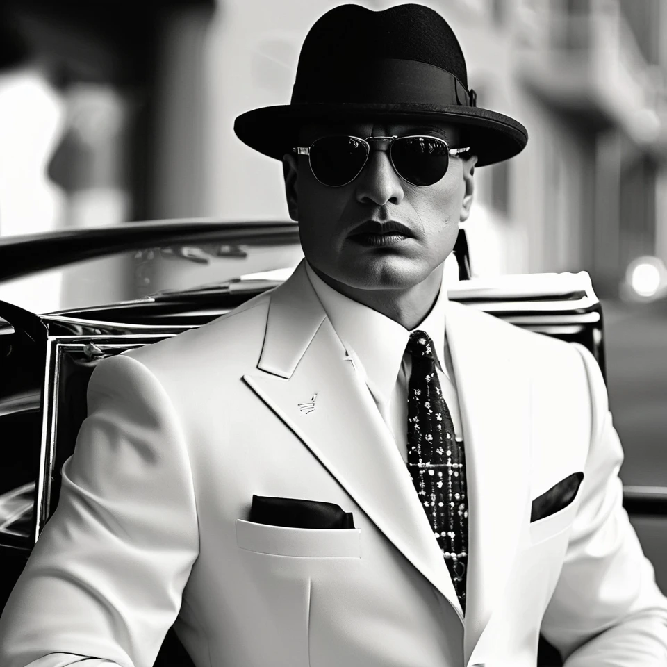 Ai black and white photo mafia gangster clothing