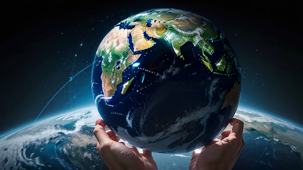 digitized earth globe, lines connecting different parts of the world, cyber technology symbols, high speed data streams. Refine the image: Make final adjustments to the image to ensure it clearly conveys the concepts of global networking, connectivity, and cyber technology. Make sure visual elements are balanced and complement each other