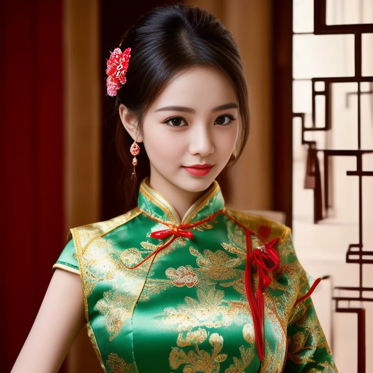Asian woman Arav in red dress poses for photo, wearing a red Cheongsam, Cheongsam, Chinese dress, Chinese style, traditional chinese, Chinese woman, with ancient Chinese clothes, traditional chinese clothing, Chinese girl, Chinese dress, Gorgeous Chinese model, beautiful oriental woman, Chinese princess, สวมชุดCheongsamสีน้ำเงิน, Wearing a bright red dress 8k, 3-D, 45,000,000,000 pixels, more realistic,