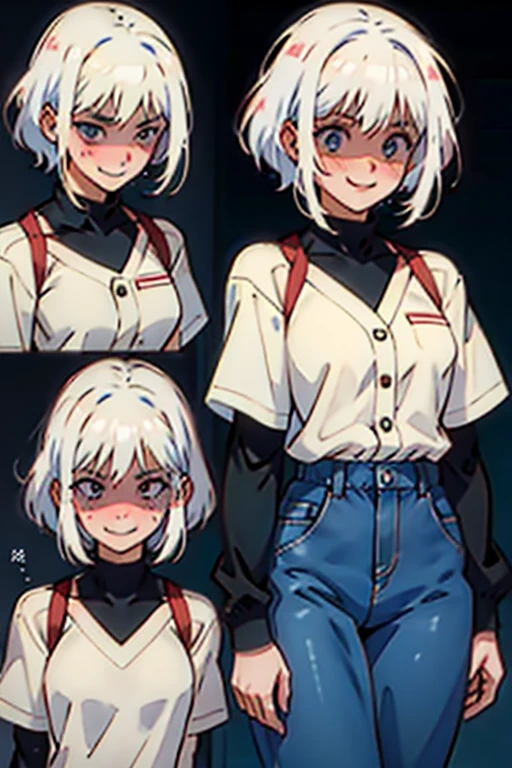 Girl with short white hair small and really skinny, smiling weakling and blushing, manga page with panels and dialogue    