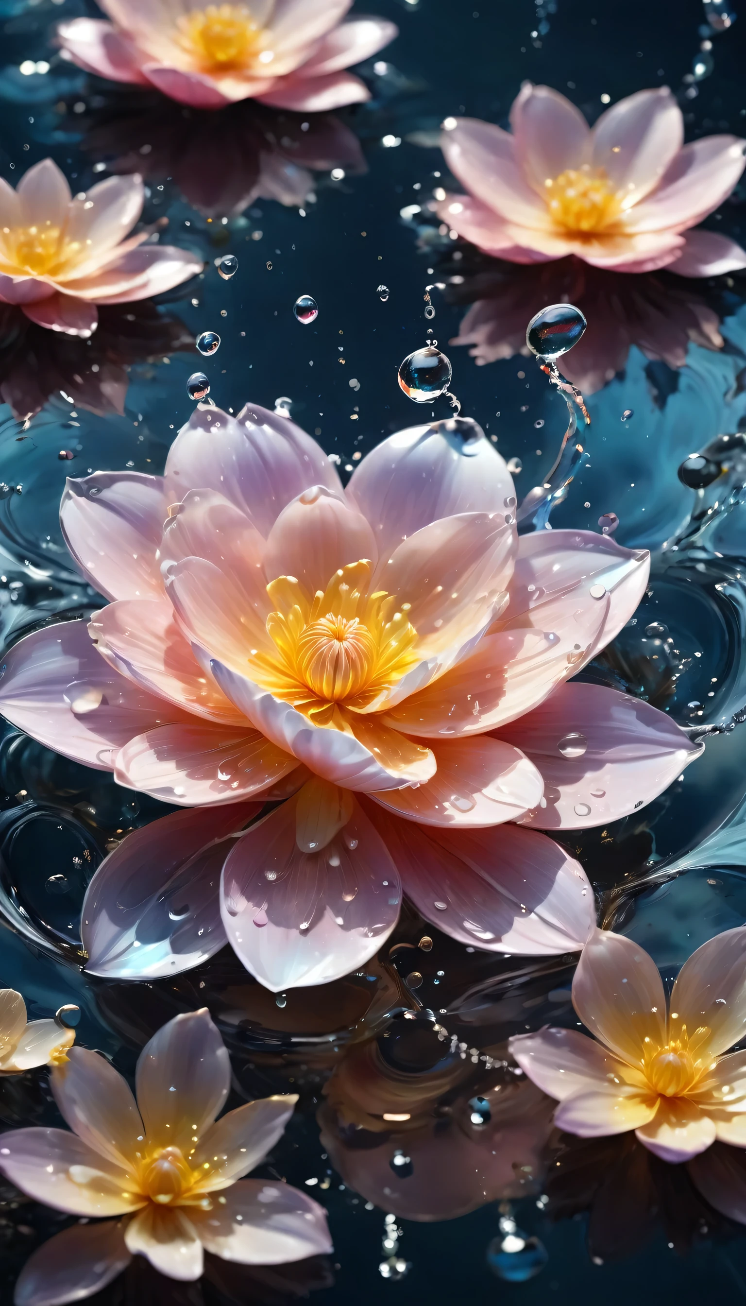 (((Exquisite detail:1.4))), (((Very crazy details:1.4))),(((Highest quality:1.3))), (((Soft-colored 4K high-definition digital art:1.3))). | Close-up of delicate water splashes forming a magical flower, Water splashes reflect light, Each splash is meticulously drawn、It is expressed by a magnificent gouache technique.,I was enveloped in a mysterious atmosphere of light and shadow art., Water splashes everywhere, Great environment, Subtle illumination,Fantasy Art Behance,Surreal, Capturing its beauty and strength,Creates a solemn atmosphere.