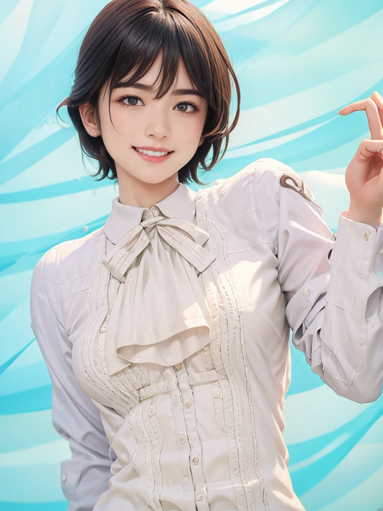masterpiece, best quality, photorealistic, raw photo, 1girl, medium breast, collared blouse, light smile, detailed skin, pore, simple background