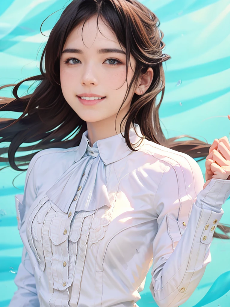 masterpiece, best quality, photorealistic, raw photo, 1girl, medium breast, collared blouse, light smile, detailed skin, pore, simple background