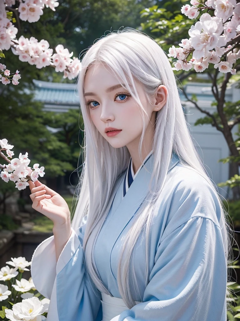 Long white hair, blue eyes, serious features, white skin, loose style, in a garden, with flowers , in the forest ,in the Sakura Korea ,Korean Palace 
