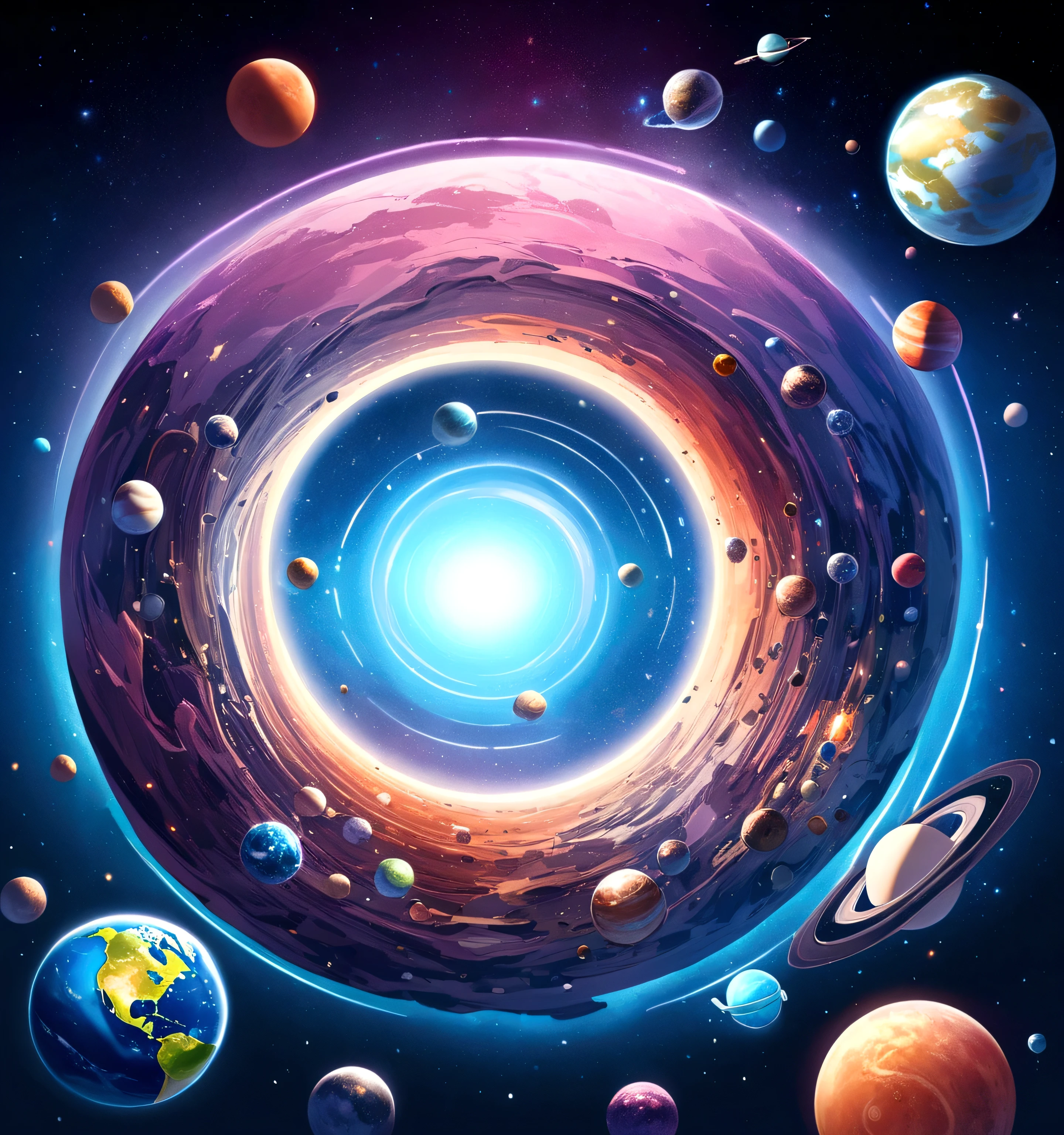 A background with some Galaxys and planets ( a portal that reveals another dimension of spacetime, with many visible planets in the another side)