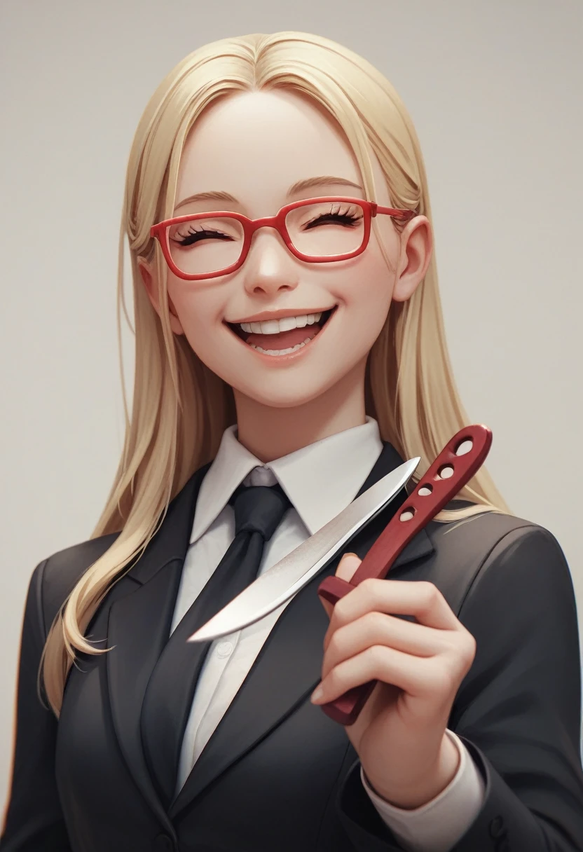 (a happy long hair blonde woman), (only the bust), (Black Suit), (Red glasses), (open fathom holding fork), (holding a knife), (3d style image).