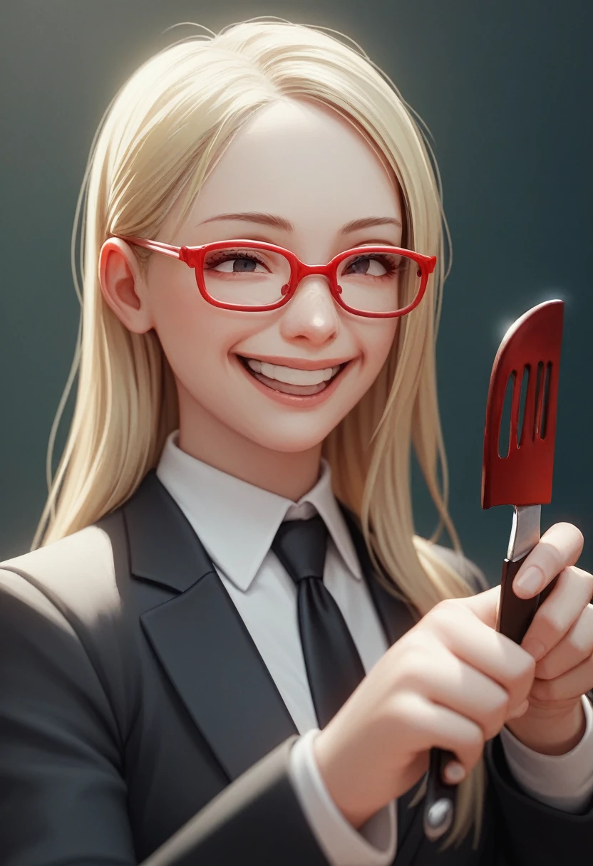 (a happy long hair blonde woman), (only the bust), (Black Suit), (Red glasses), (open fathom holding fork), (holding a knife), (3d style image).