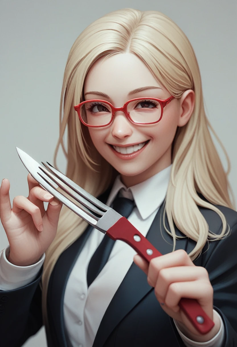 (a happy long hair blonde woman), (only the bust), (Black Suit), (Red glasses), (open fathom holding fork), (holding a knife), (3d style image).