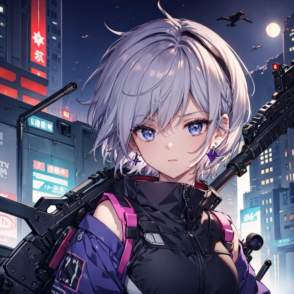 ((Gray Hair　Short Hair　blue eyes　sniper rifle)，((Crow　night　Red full moon))，(rooftop　Drop shoulder　Sailor suit　cyber punk　Shiny Earrings　Purple light)，　Sweat　A tense look　Also々funny Face　Headphones