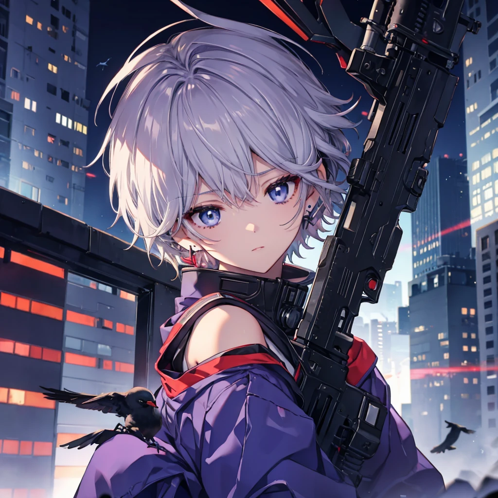 ((Gray Hair Short Hair blue eyes sniper rifle),((Crow night Red full moon)),(rooftop Drop shoulder Sailor suit cyber punk Shiny Earrings Purple light), Sweat A tense look Also々funny Face Headphones