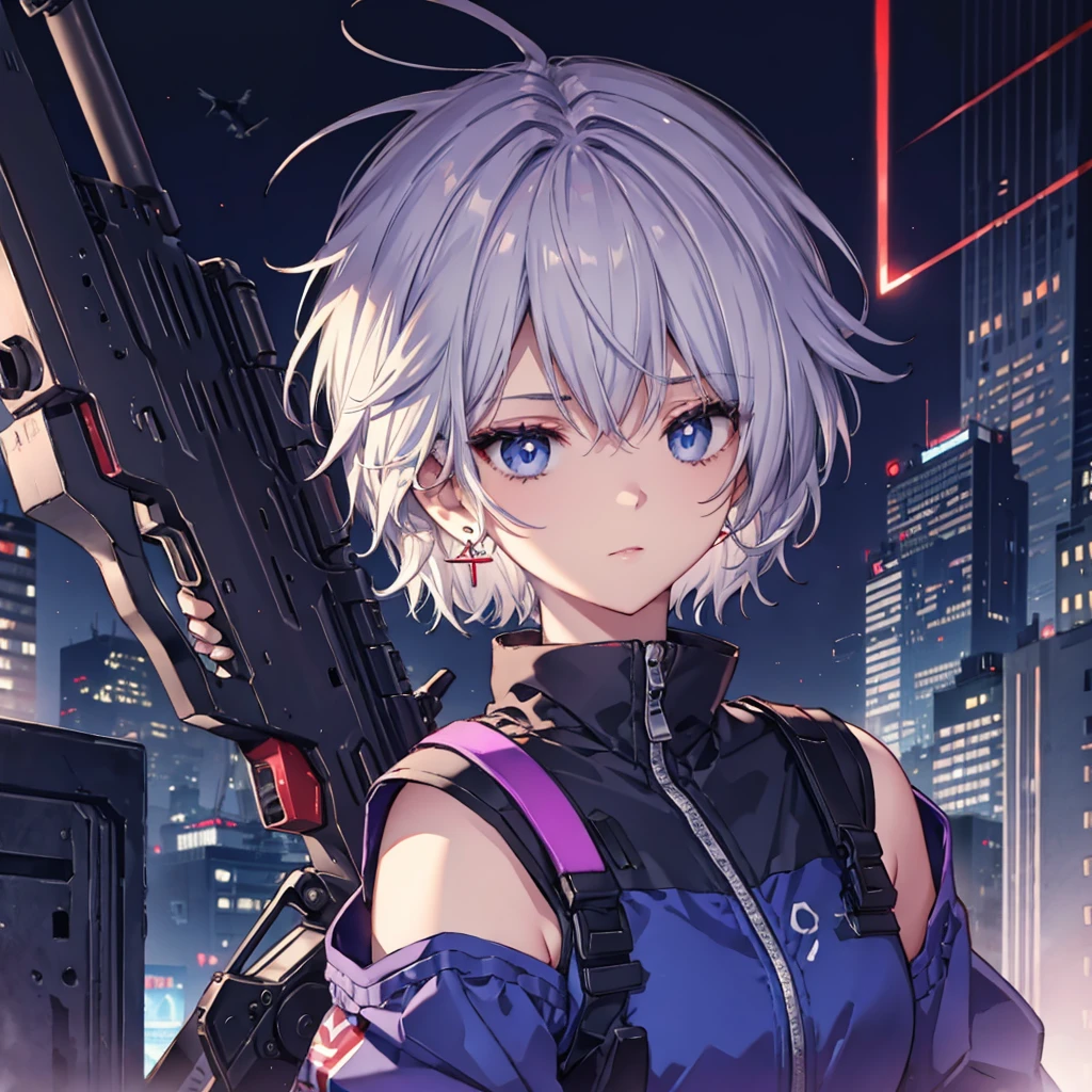 ((Gray Hair Short Hair blue eyes sniper rifle),((Crow night Red full moon)),(rooftop Drop shoulder Sailor suit cyber punk Shiny Earrings Purple light), Sweat A tense look Also々funny Face Headphones