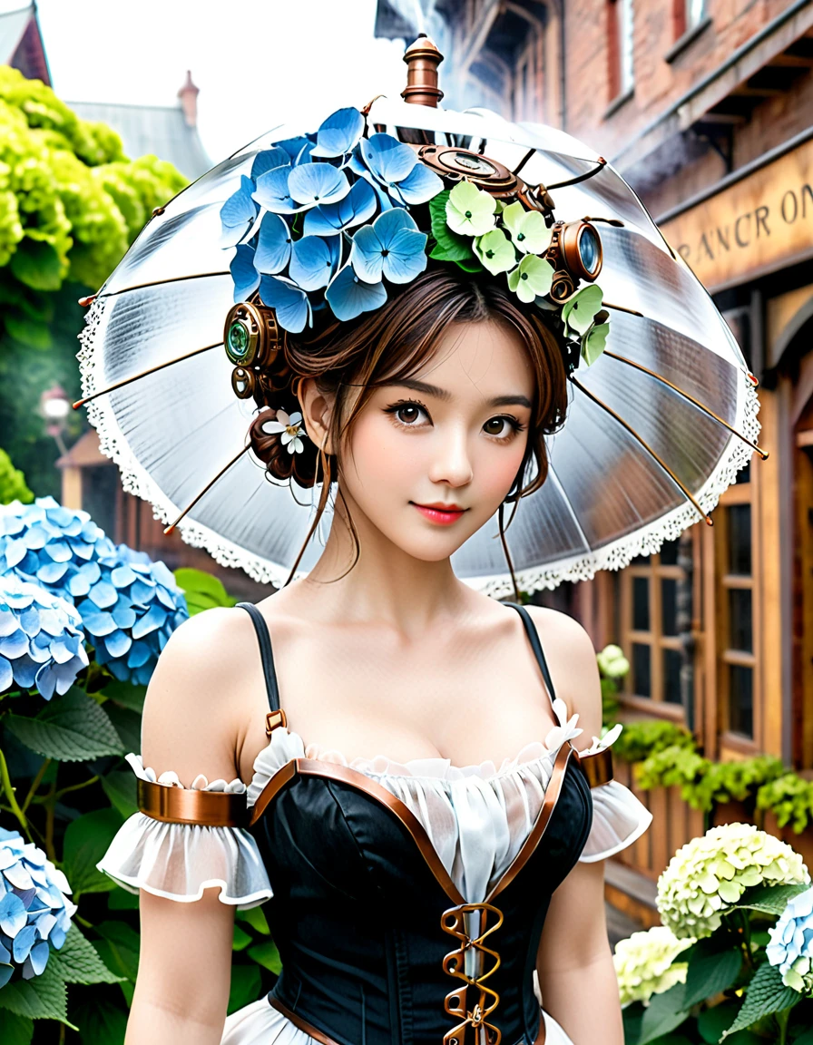 dynamic angle, (close up face), (hydrangea garden:1.4), a lot of flowers, smile, Steampunk Hydrangea Girl paints a beautiful world where machinery and nature harmonize. The girl is dressed in a steampunk-style dress made of copper and iron, and on her head is a meticulously crafted gear headpiece. Around her, colorful hydrangeas bloom wildly, each one mechanically moving and occasionally spouting steam. In her hand is a copper umbrella, from which a cold mist sprays out, moisturizing the hydrangeas. This series of actions, precisely linked like clockwork, creates a beautiful hydrangea garden. It’s a scene that embodies the world of steampunk, where nature and machinery intertwine exquisitely.